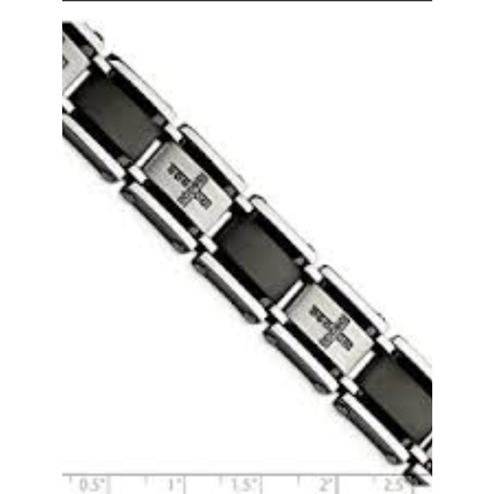 Men's stainless steel black link and diamond cross bracelet
